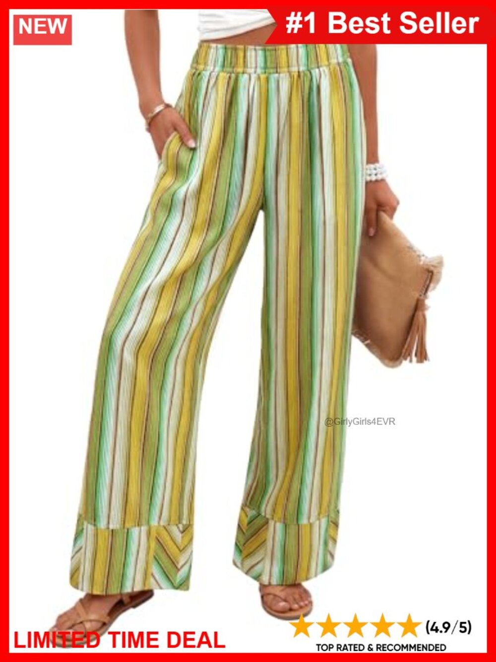 Women's Striped Wide Leg Palazzo Pants High Waist Pockets Beach Lounge